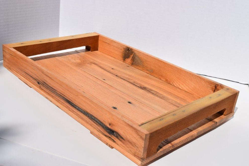 
                  
                    Load image into Gallery viewer, Made from recycled pallet wood, this serving tray brings out the grain of the natural  wood with a honey maple stain.
                  
                